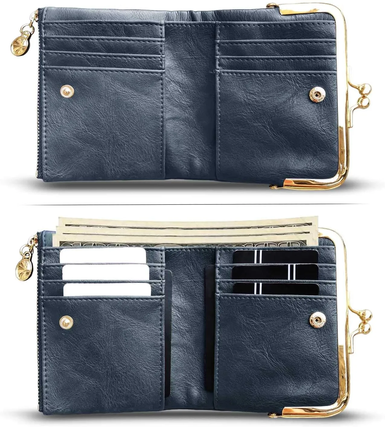 AOXONEL Womens Wallet Small Rfid Ladies Compact Bifold Leather Vintage Coin Purse With Zipper and Kiss Lock