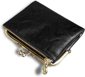 AOXONEL Womens Wallet Small Rfid Ladies Compact Bifold Leather Vintage Coin Purse With Zipper and Kiss Lock