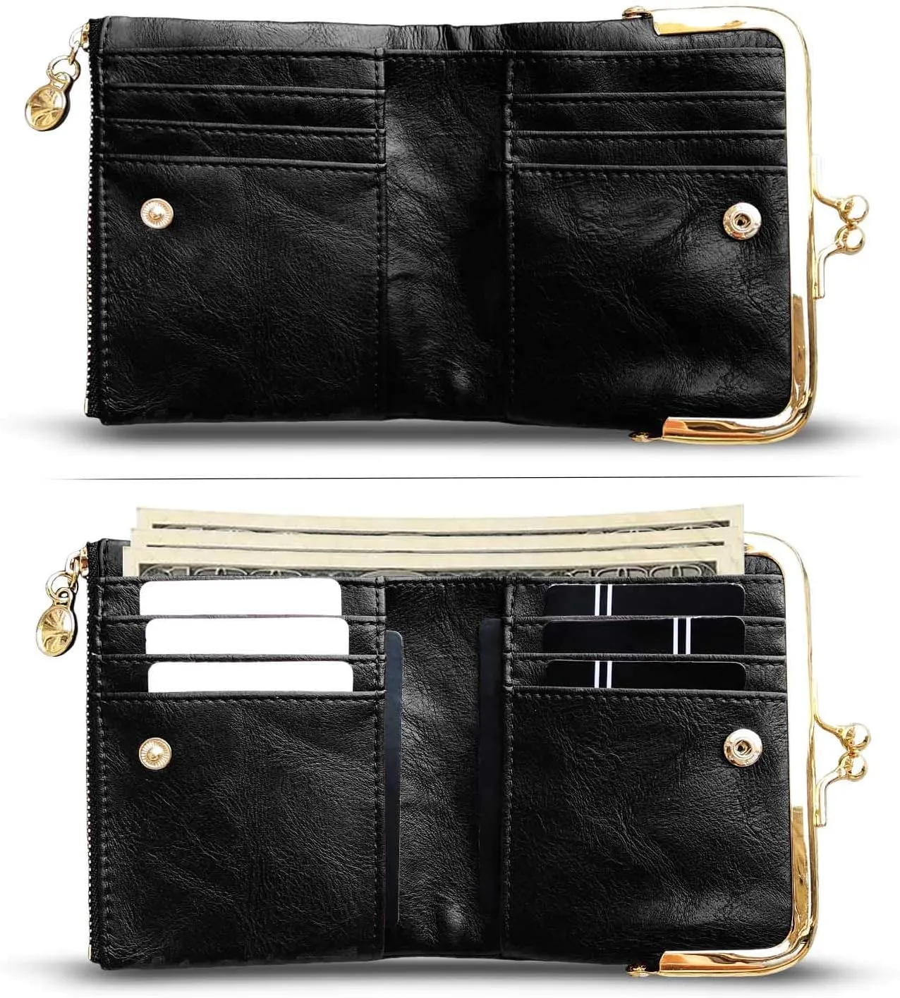 AOXONEL Womens Wallet Small Rfid Ladies Compact Bifold Leather Vintage Coin Purse With Zipper and Kiss Lock