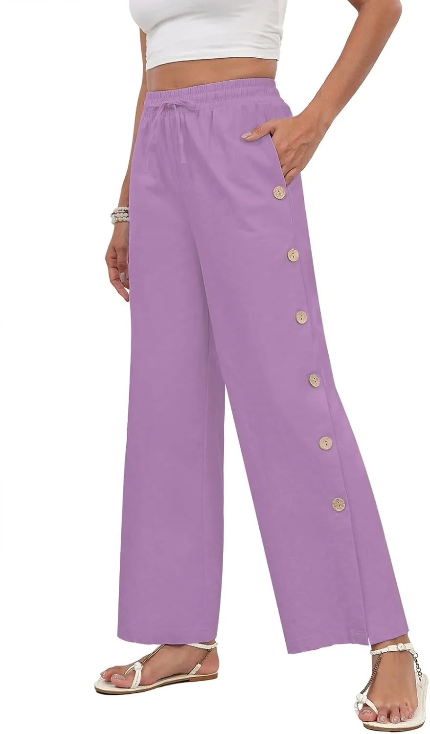 Askyes Womens Linen Pants Wide Leg Pants Drawstring High Waist Cotton Palazzo Pants Summer Beach Loose Trousers with Pockets