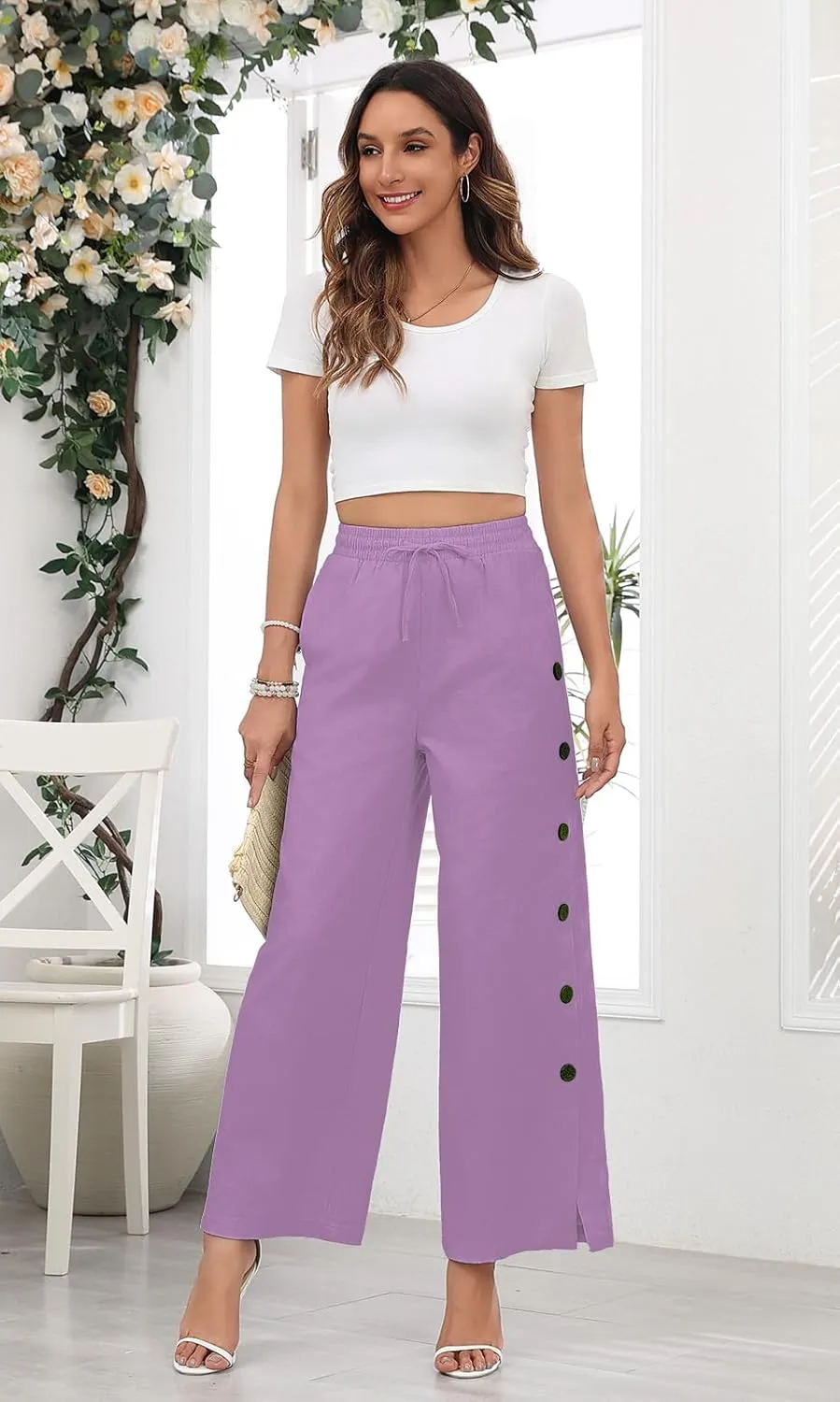 Askyes Womens Linen Pants Wide Leg Pants Drawstring High Waist Cotton Palazzo Pants Summer Beach Loose Trousers with Pockets