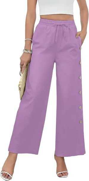 Askyes Womens Linen Pants Wide Leg Pants Drawstring High Waist Cotton Palazzo Pants Summer Beach Loose Trousers with Pockets