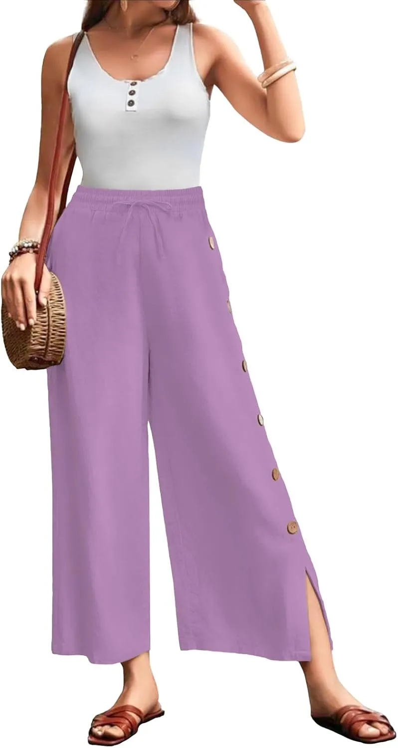 Askyes Womens Linen Pants Wide Leg Pants Drawstring High Waist Cotton Palazzo Pants Summer Beach Loose Trousers with Pockets