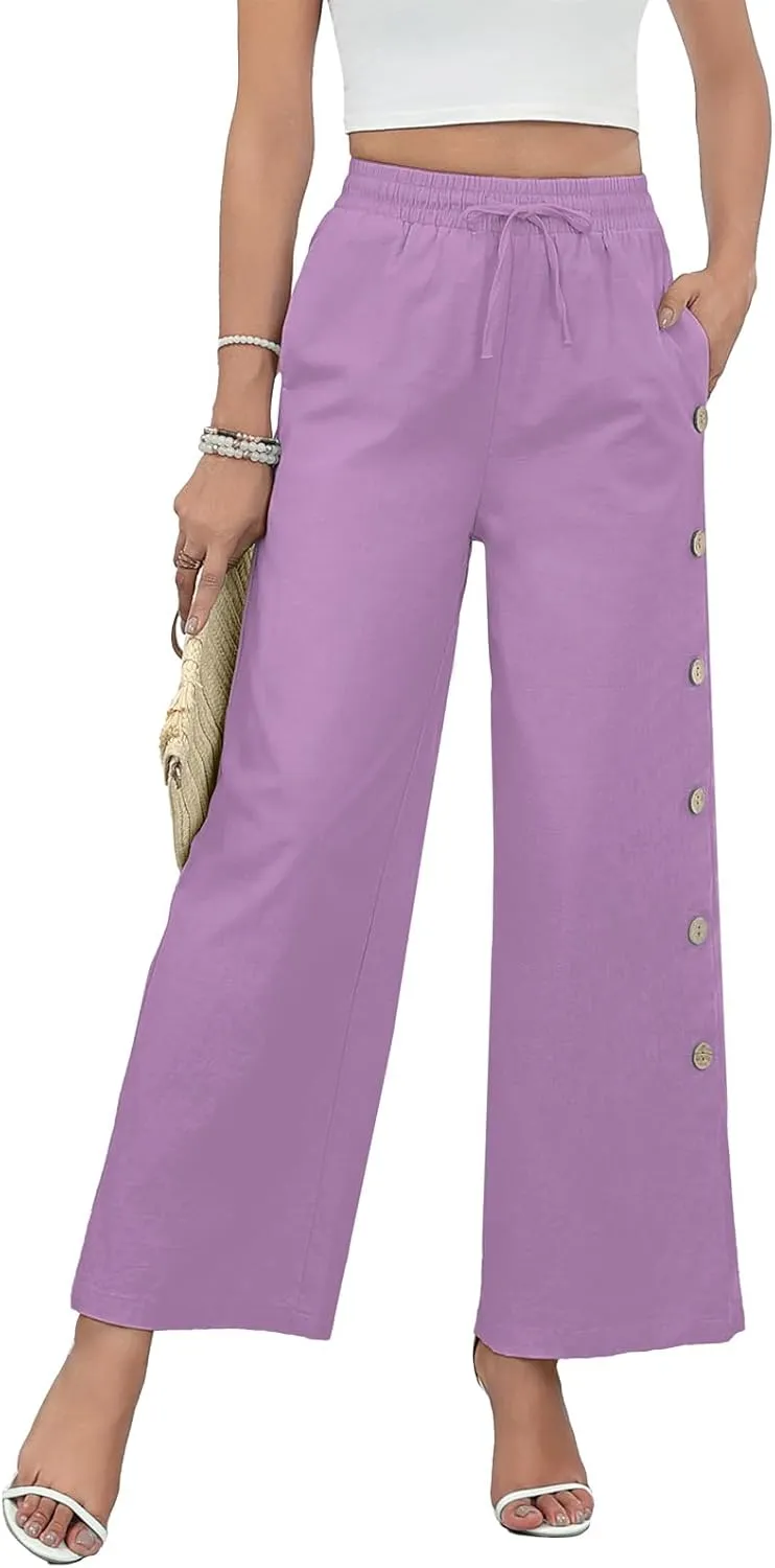 Askyes Womens Linen Pants Wide Leg Pants Drawstring High Waist Cotton Palazzo Pants Summer Beach Loose Trousers with Pockets