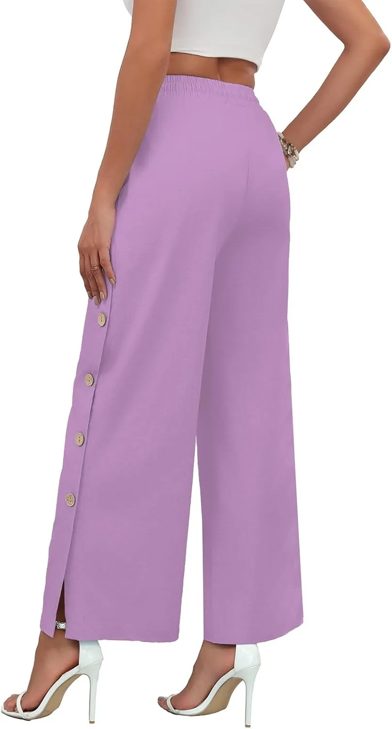 Askyes Womens Linen Pants Wide Leg Pants Drawstring High Waist Cotton Palazzo Pants Summer Beach Loose Trousers with Pockets