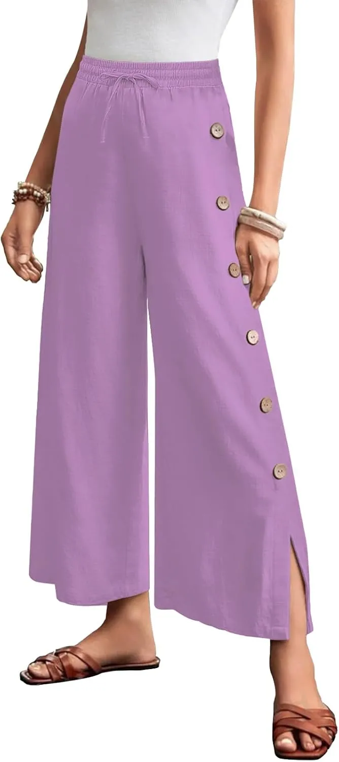 Askyes Womens Linen Pants Wide Leg Pants Drawstring High Waist Cotton Palazzo Pants Summer Beach Loose Trousers with Pockets