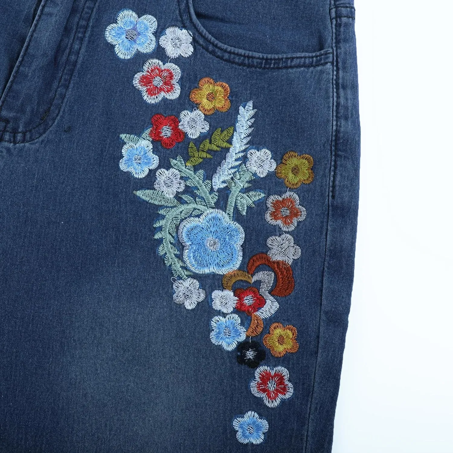 AULKEEP Women Embroidery Bell Bottom Jeans Slim Washed Floral Graphic Blue Jean Casual High Waist Pants