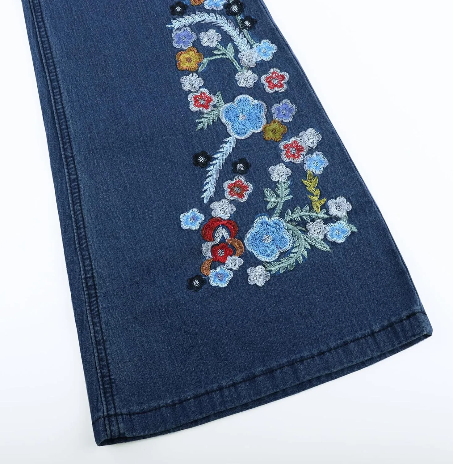 AULKEEP Women Embroidery Bell Bottom Jeans Slim Washed Floral Graphic Blue Jean Casual High Waist Pants