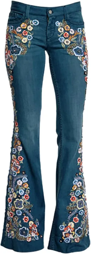 AULKEEP Women Embroidery Bell Bottom Jeans Slim Washed Floral Graphic Blue Jean Casual High Waist Pants