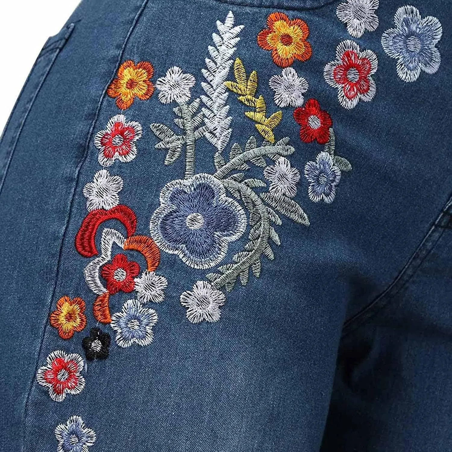AULKEEP Women Embroidery Bell Bottom Jeans Slim Washed Floral Graphic Blue Jean Casual High Waist Pants