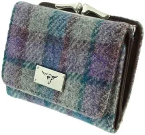 Authentic Harris Tweed Small Purse  Women Coins Purse Wallet Girls Sequin Mini Clutch Handbag - LB2113, Blue/Purple Check on Grey, carry on, Classic
