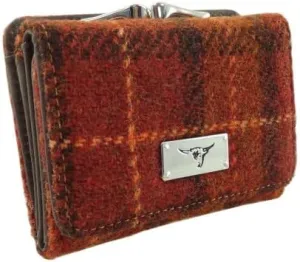 Authentic Harris Tweed Small Purse  Women Coins Purse Wallet Girls Sequin Mini Clutch Handbag - LB2113, Brown With Orange Overcheck, carry on, Classic