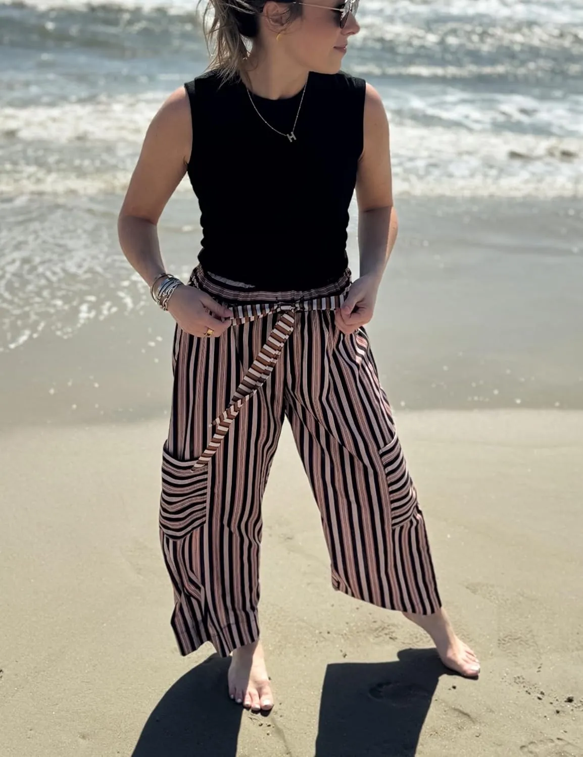 Bankeng Women Drawstring Striped Pants Loose Wide Leg Lounge Pants Casual Palazzo Pants Trousers with Pockets