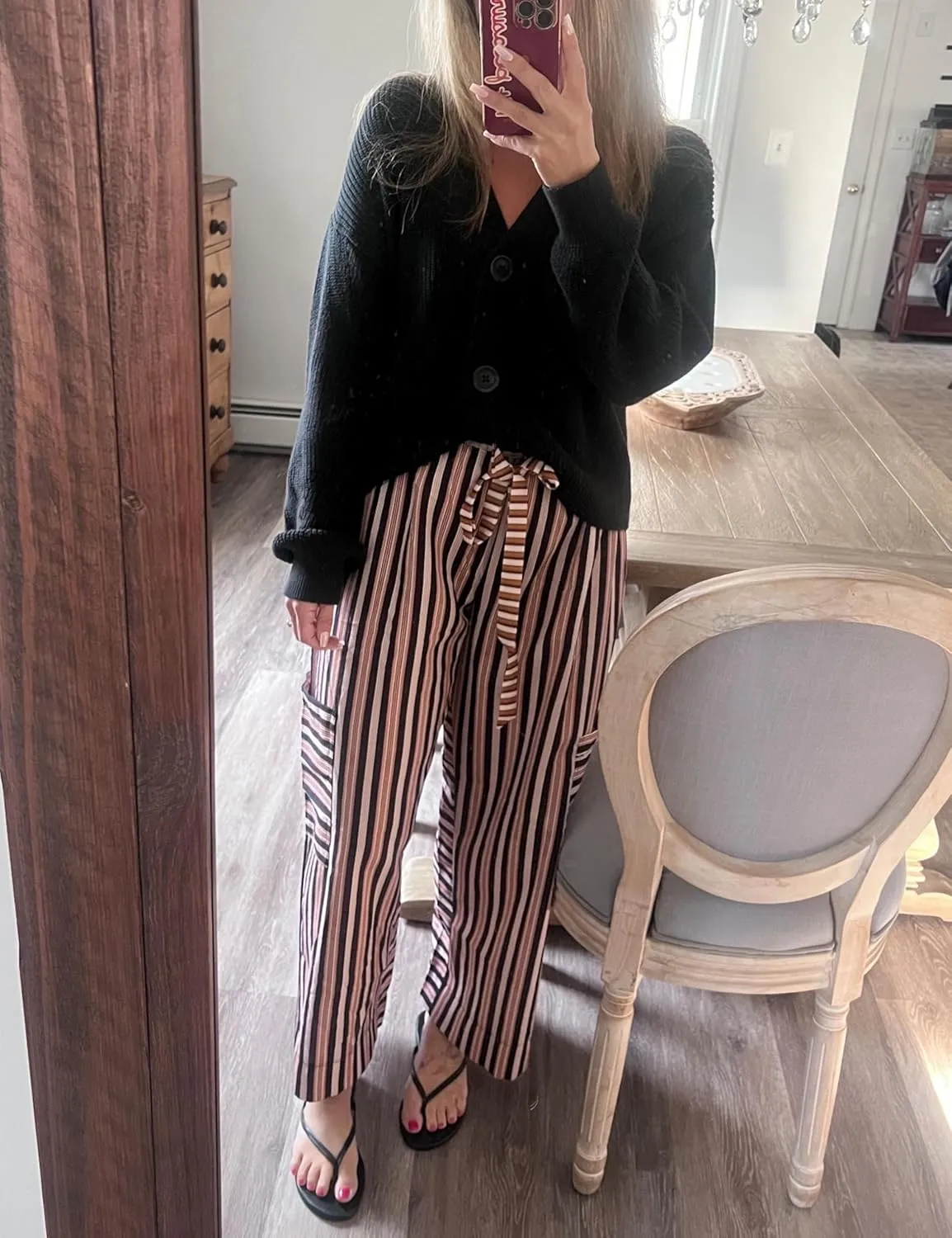 Bankeng Women Drawstring Striped Pants Loose Wide Leg Lounge Pants Casual Palazzo Pants Trousers with Pockets