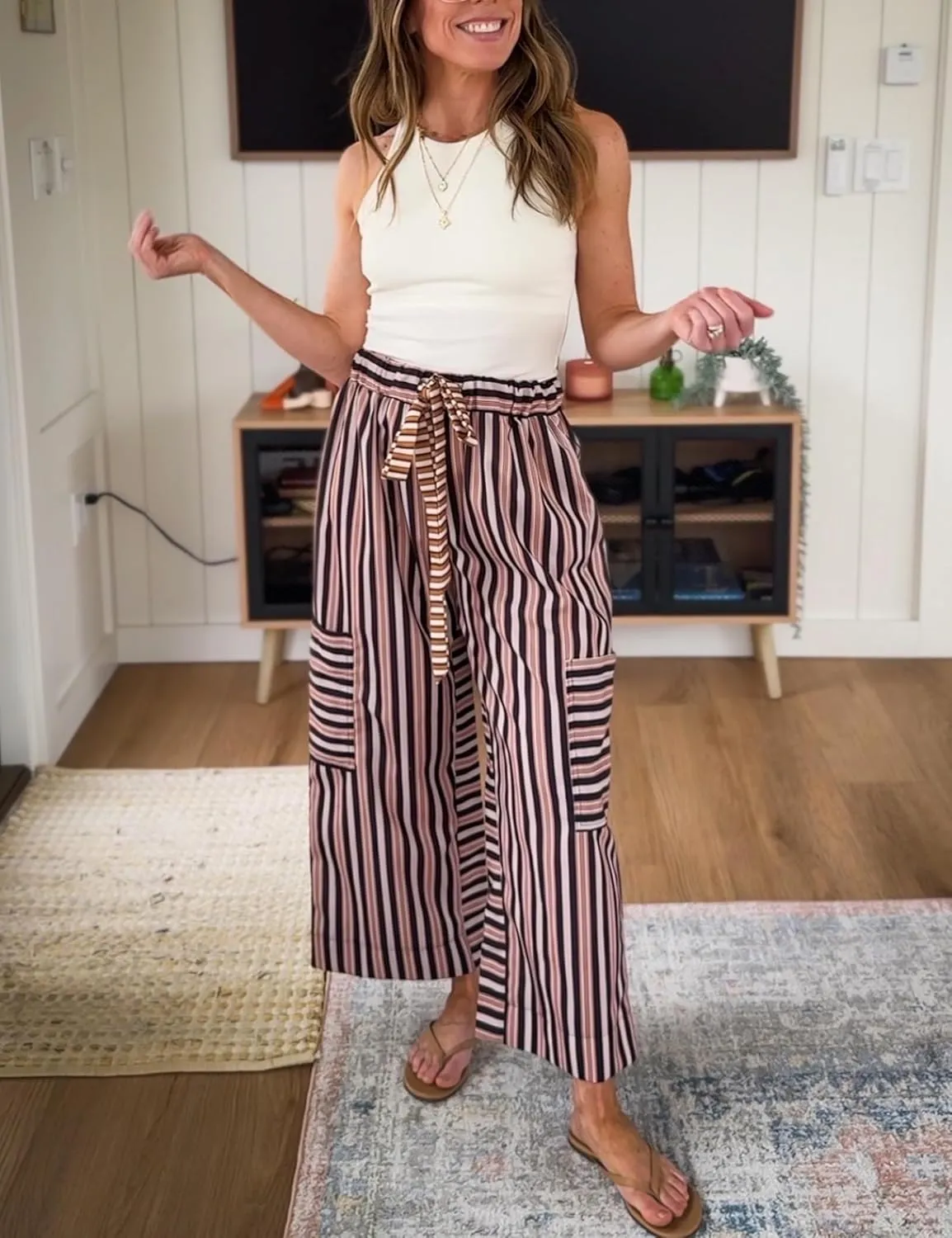 Bankeng Women Drawstring Striped Pants Loose Wide Leg Lounge Pants Casual Palazzo Pants Trousers with Pockets