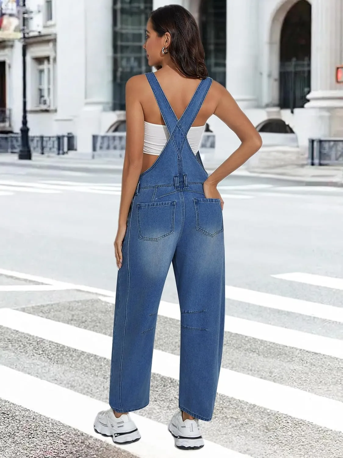 Barrel Overalls Denim Jumpsuits for Women Casual Loose Baggy Jeans Pants Sleeveless Bib Jumpers with Pockets