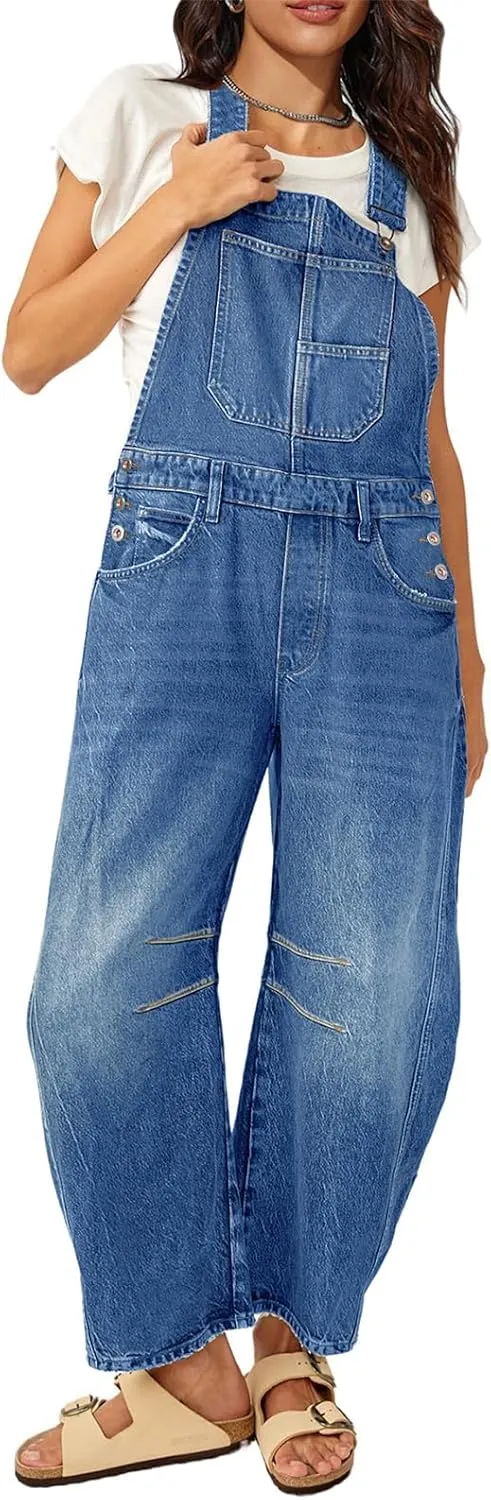 Barrel Overalls Denim Jumpsuits for Women Casual Loose Baggy Jeans Pants Sleeveless Bib Jumpers with Pockets