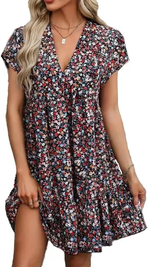 Beauty Beast Women V-Neck Floral Polyester Mini Short Sleeve Ruffle Cuff Pepelum Dress Black Multi M