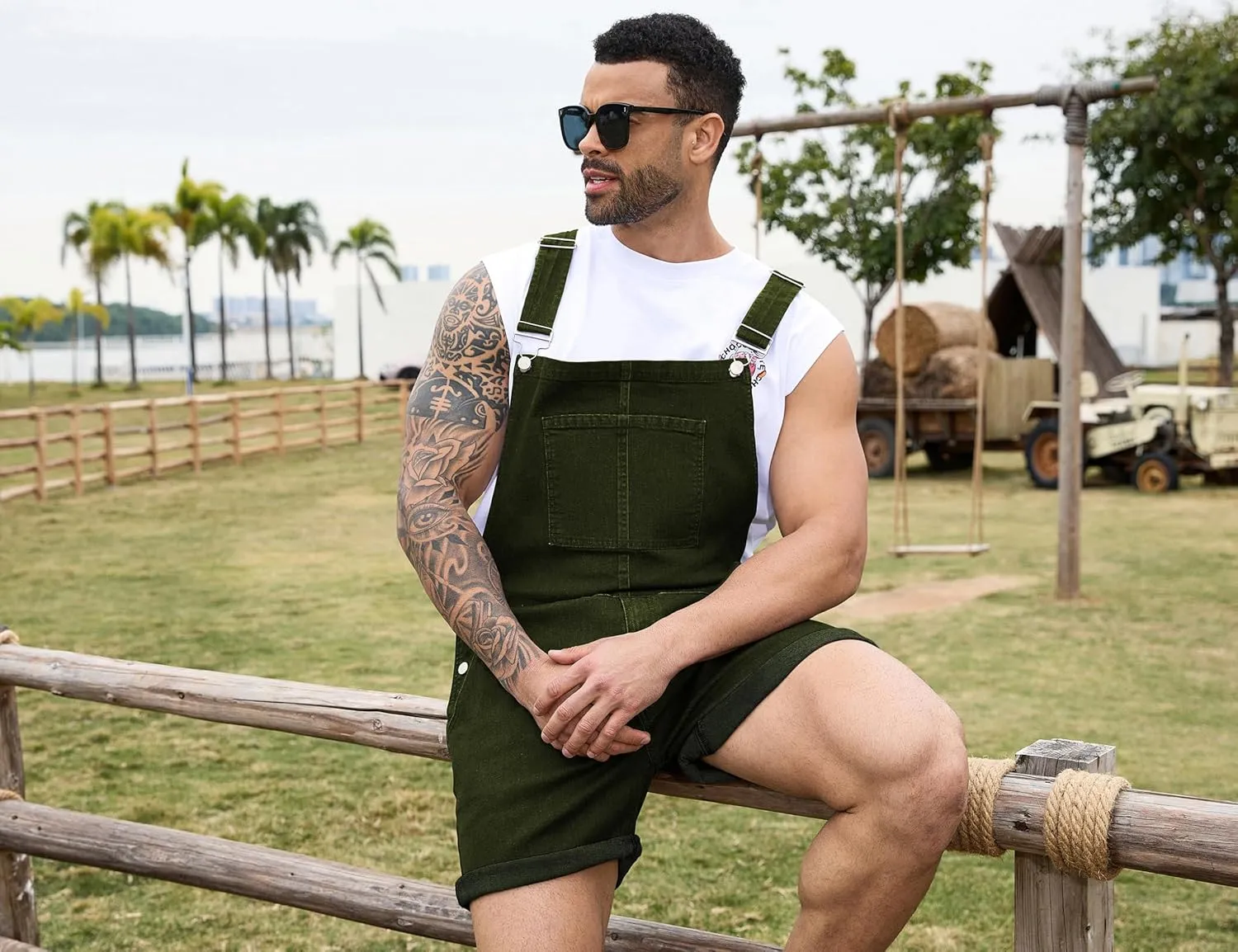 Bindefon Denim Overalls for Men Jean Shorts Jumpsuit Work Bibs Coveralls with Zipper