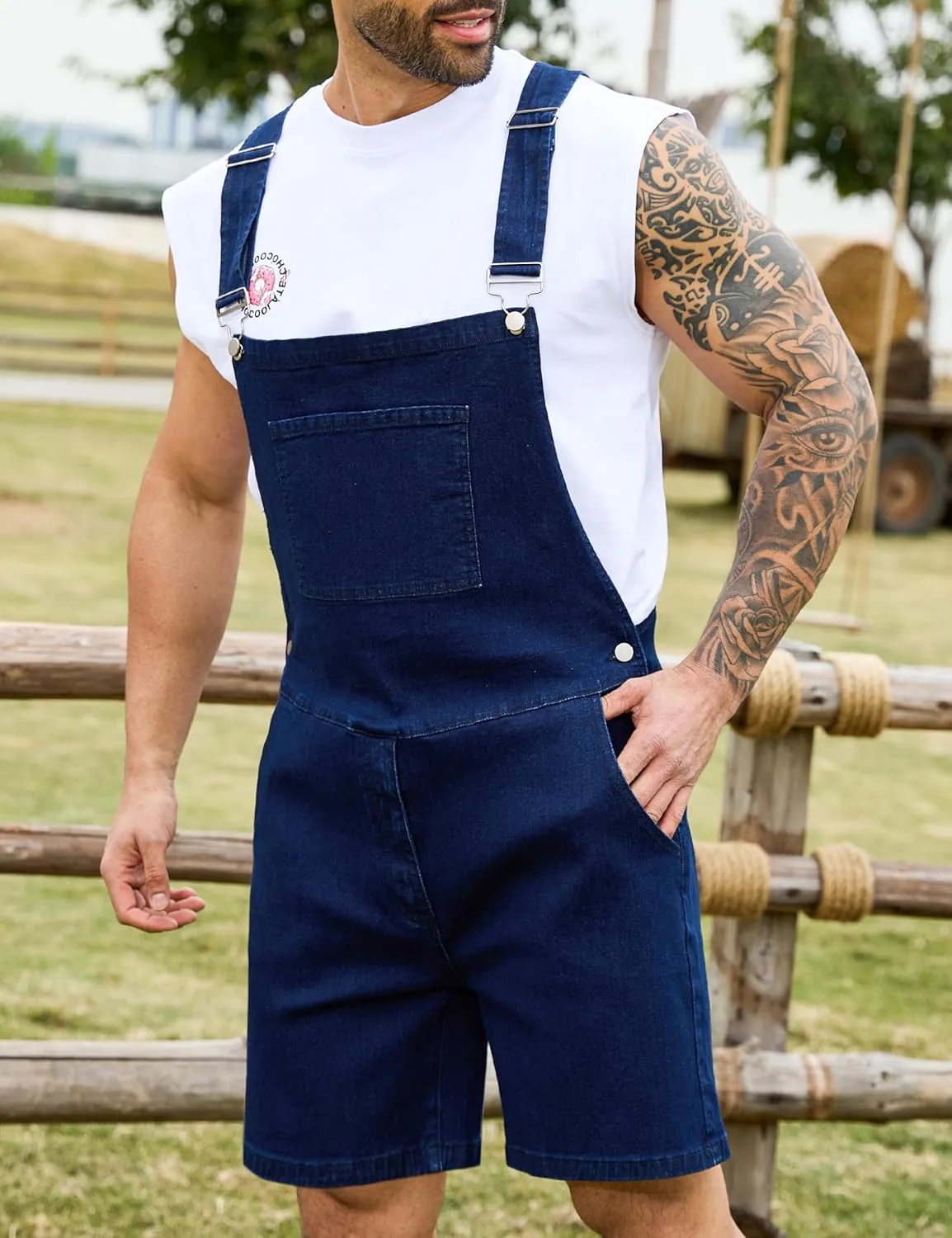 Bindefon Denim Overalls for Men Jean Shorts Jumpsuit Work Bibs Coveralls with Zipper