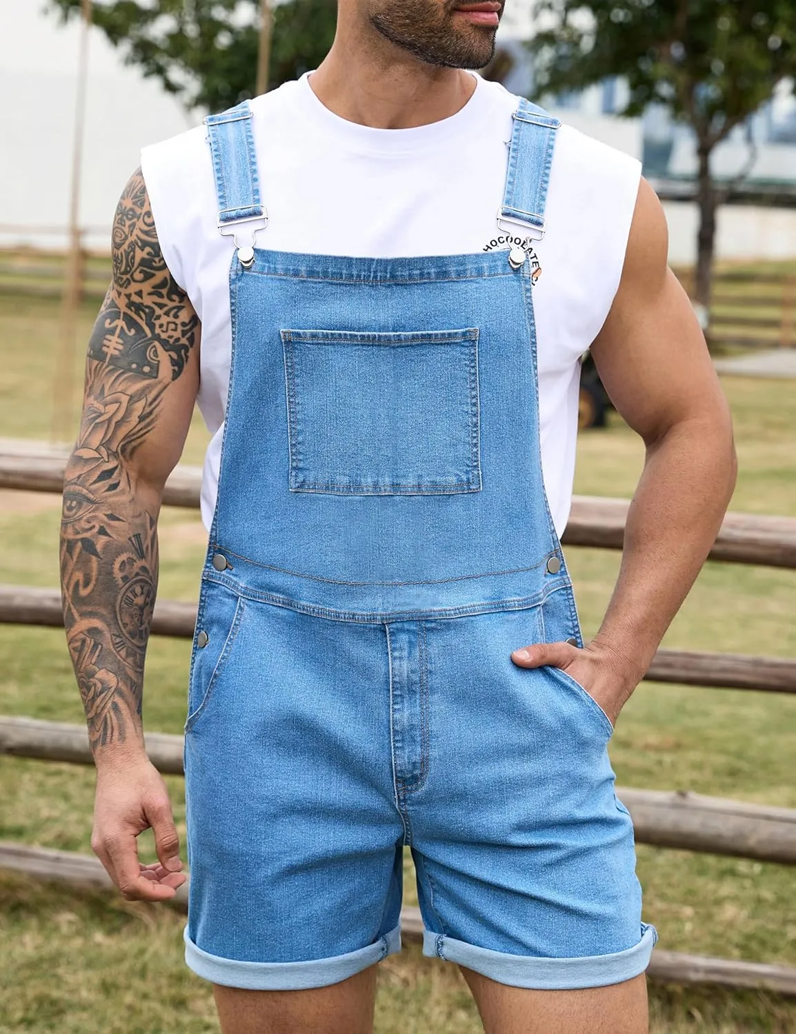 Bindefon Denim Overalls for Men Jean Shorts Jumpsuit Work Bibs Coveralls with Zipper