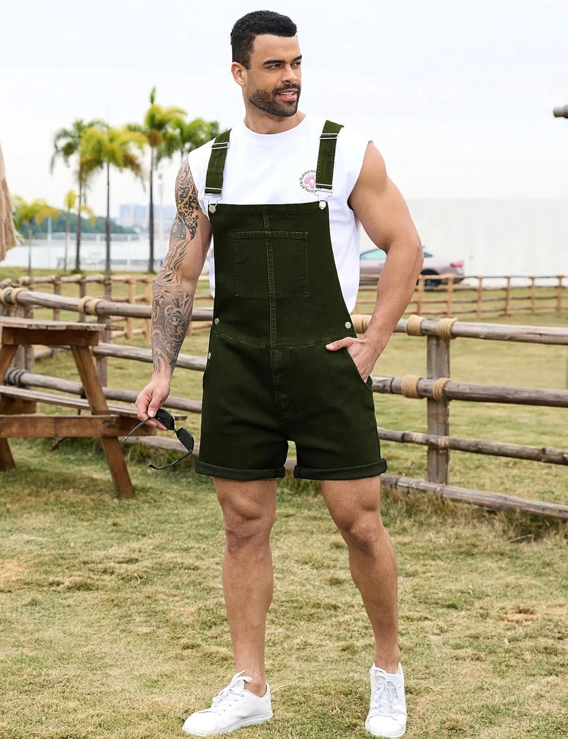 Bindefon Denim Overalls for Men Jean Shorts Jumpsuit Work Bibs Coveralls with Zipper