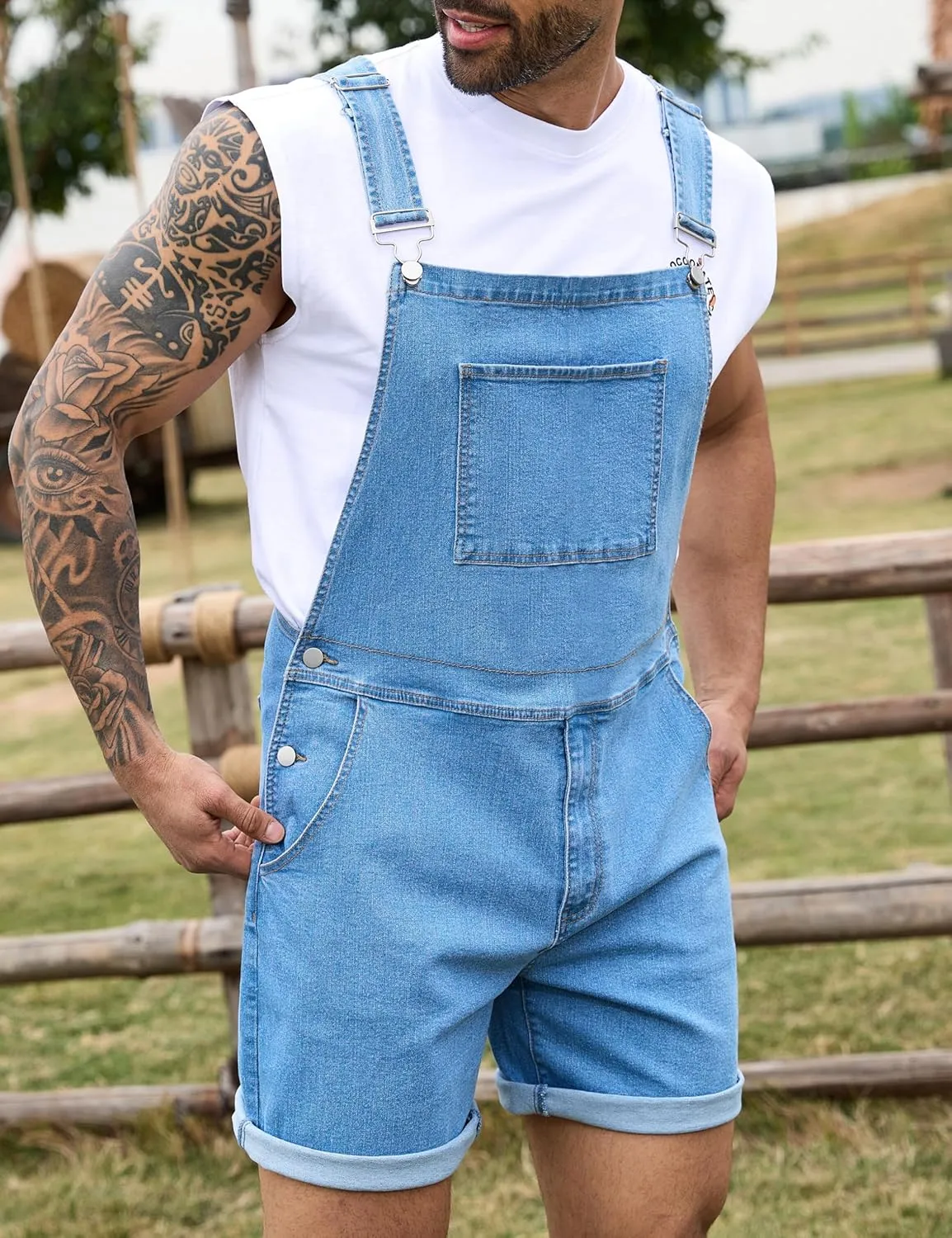 Bindefon Denim Overalls for Men Jean Shorts Jumpsuit Work Bibs Coveralls with Zipper