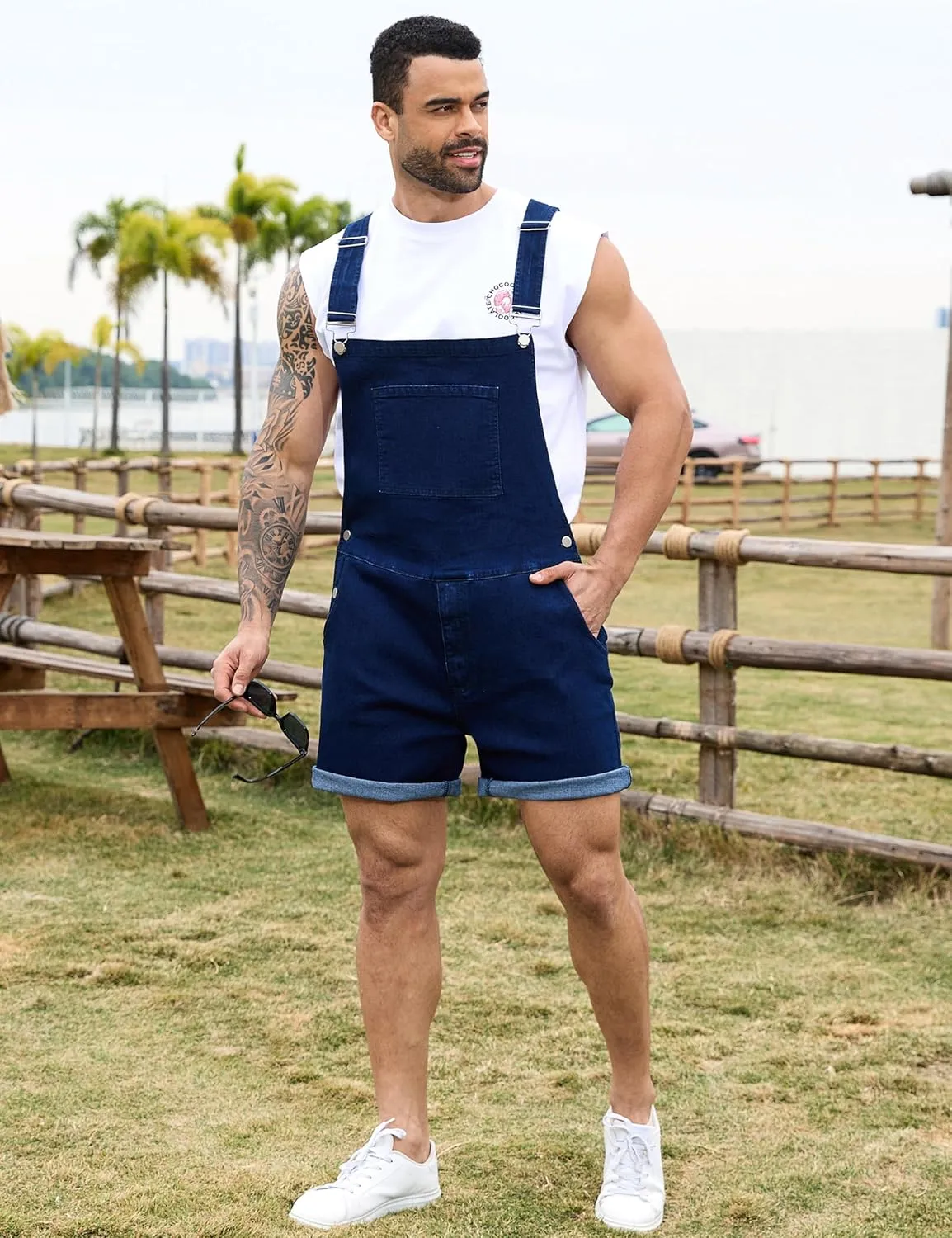 Bindefon Denim Overalls for Men Jean Shorts Jumpsuit Work Bibs Coveralls with Zipper