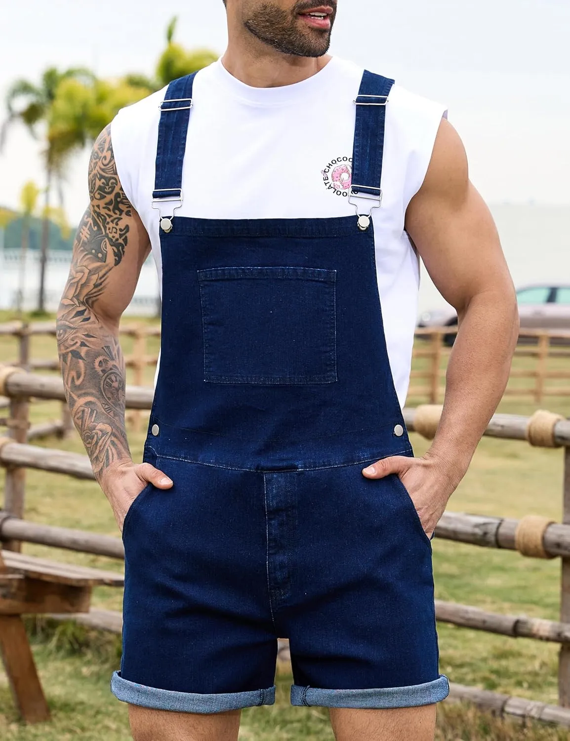 Bindefon Denim Overalls for Men Jean Shorts Jumpsuit Work Bibs Coveralls with Zipper
