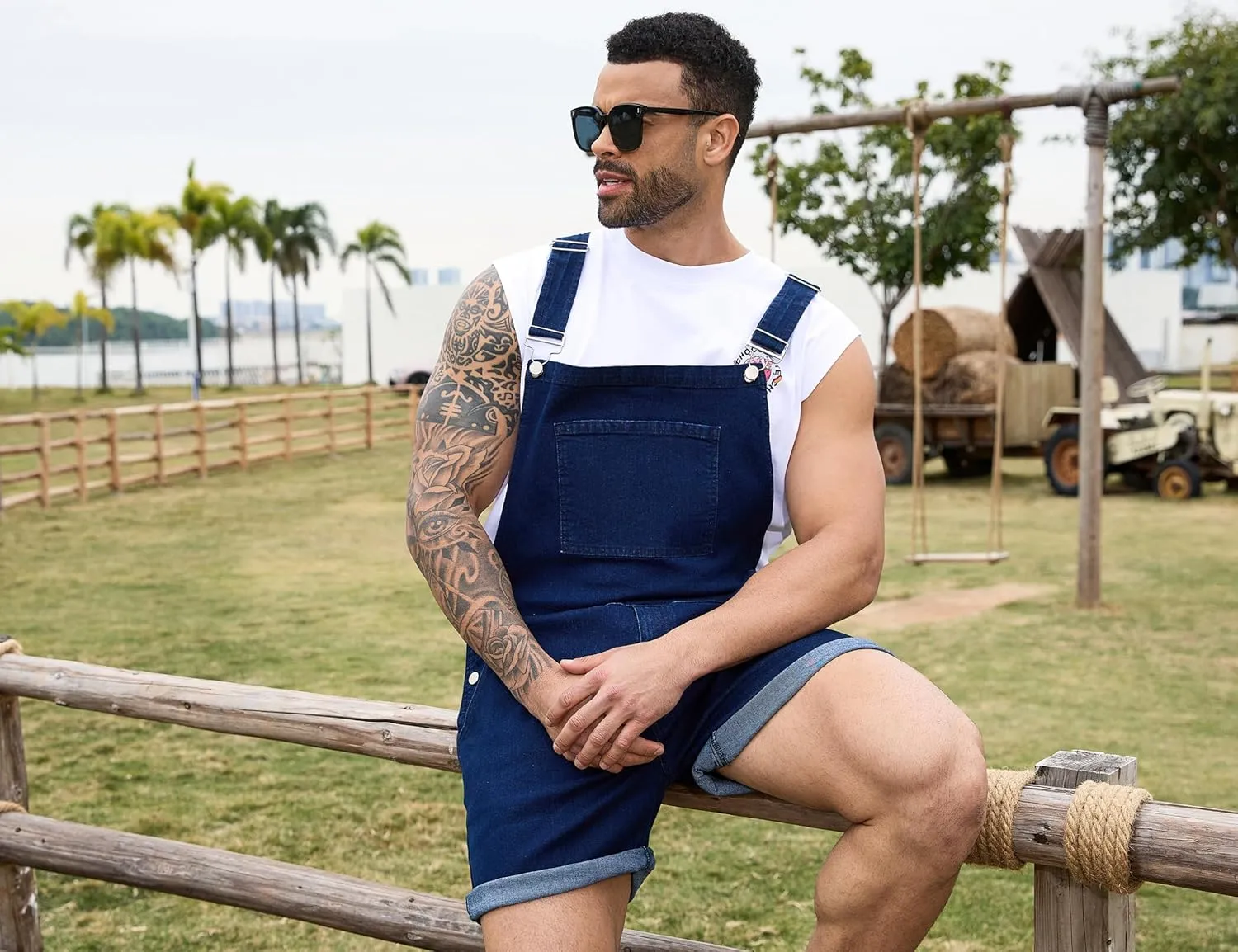 Bindefon Denim Overalls for Men Jean Shorts Jumpsuit Work Bibs Coveralls with Zipper