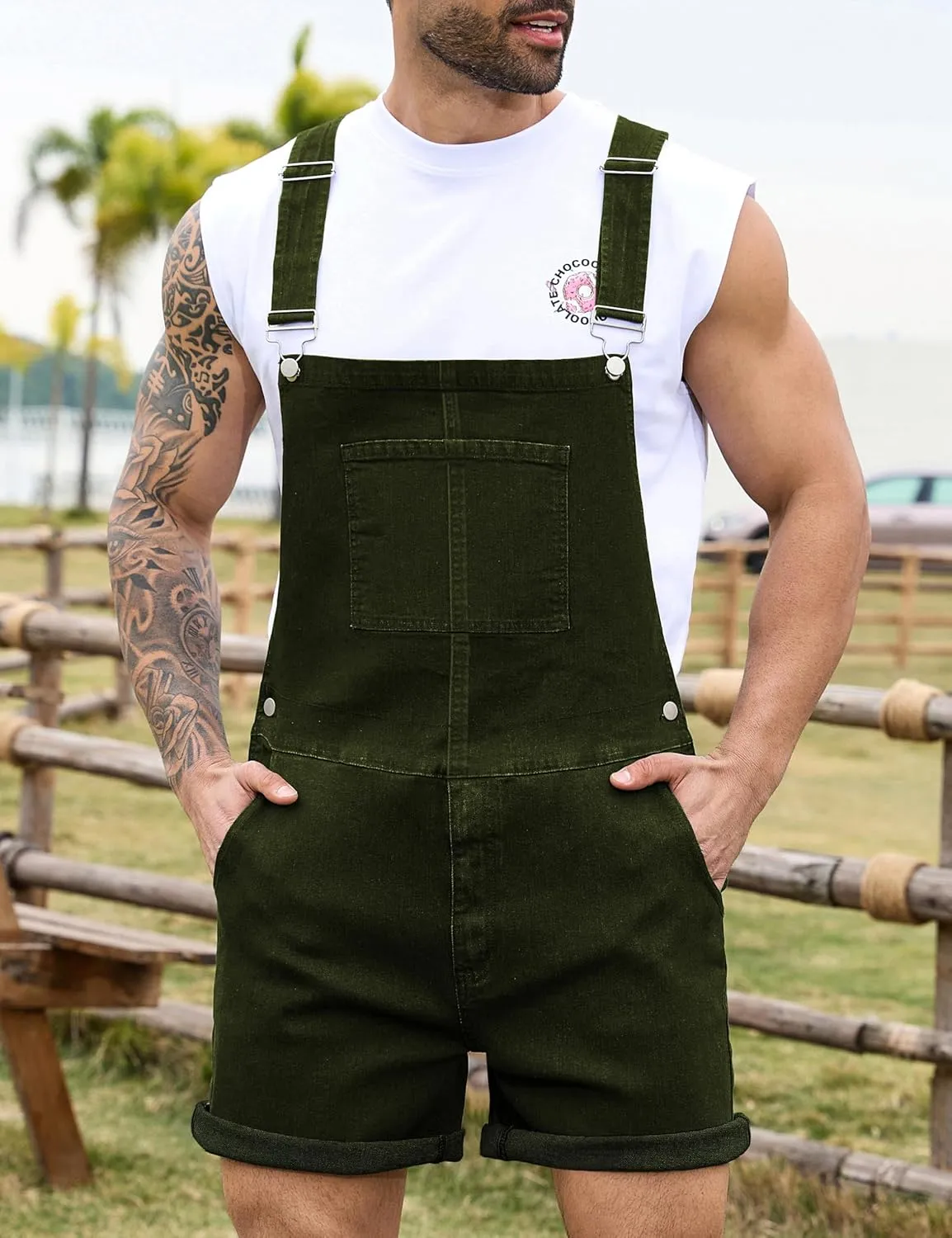 Bindefon Denim Overalls for Men Jean Shorts Jumpsuit Work Bibs Coveralls with Zipper