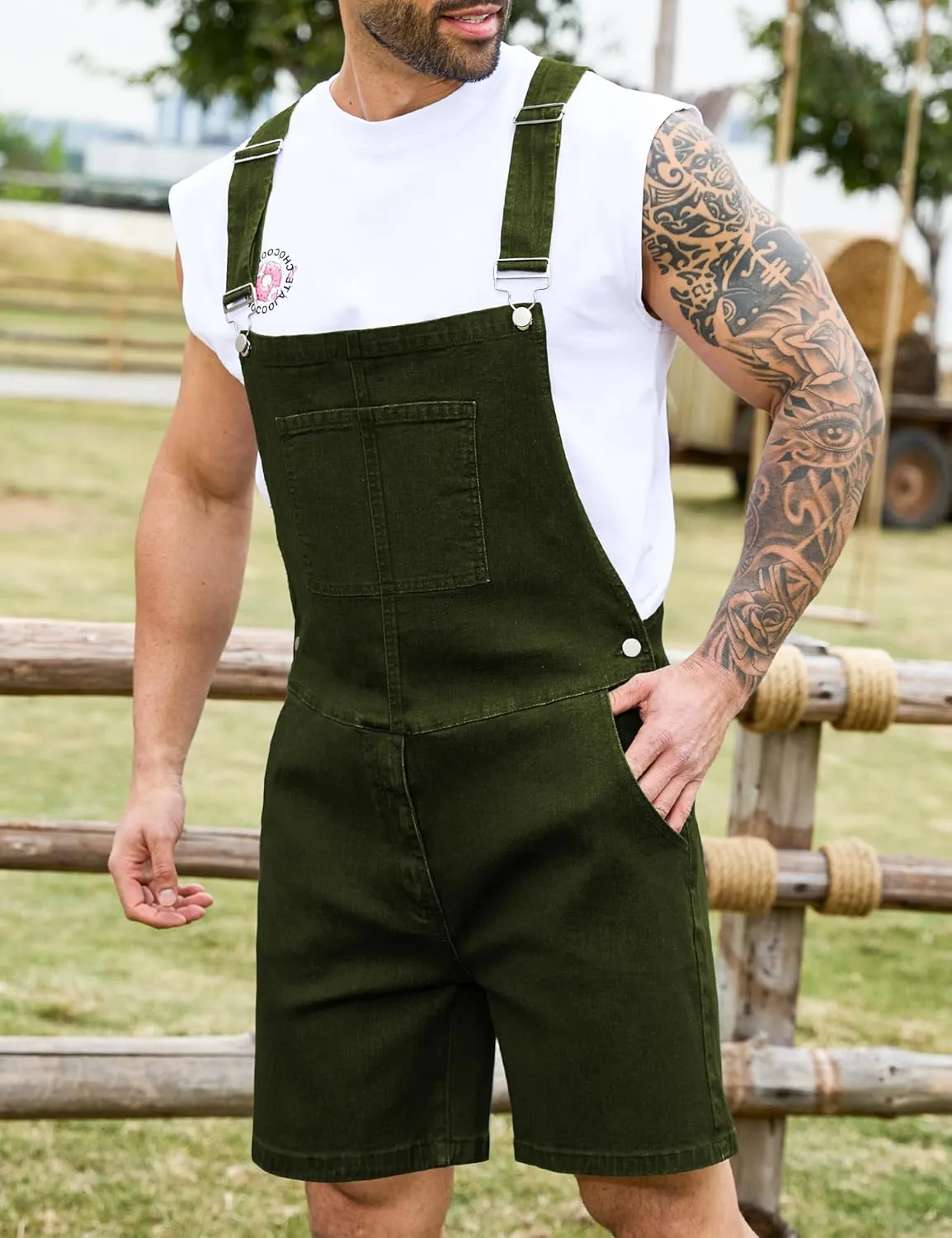 Bindefon Denim Overalls for Men Jean Shorts Jumpsuit Work Bibs Coveralls with Zipper