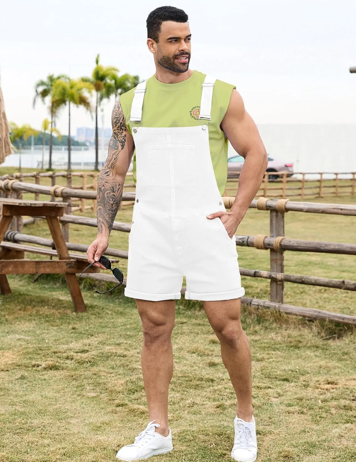 Bindefon Denim Overalls for Men Jean Shorts Jumpsuit Work Bibs Coveralls with Zipper