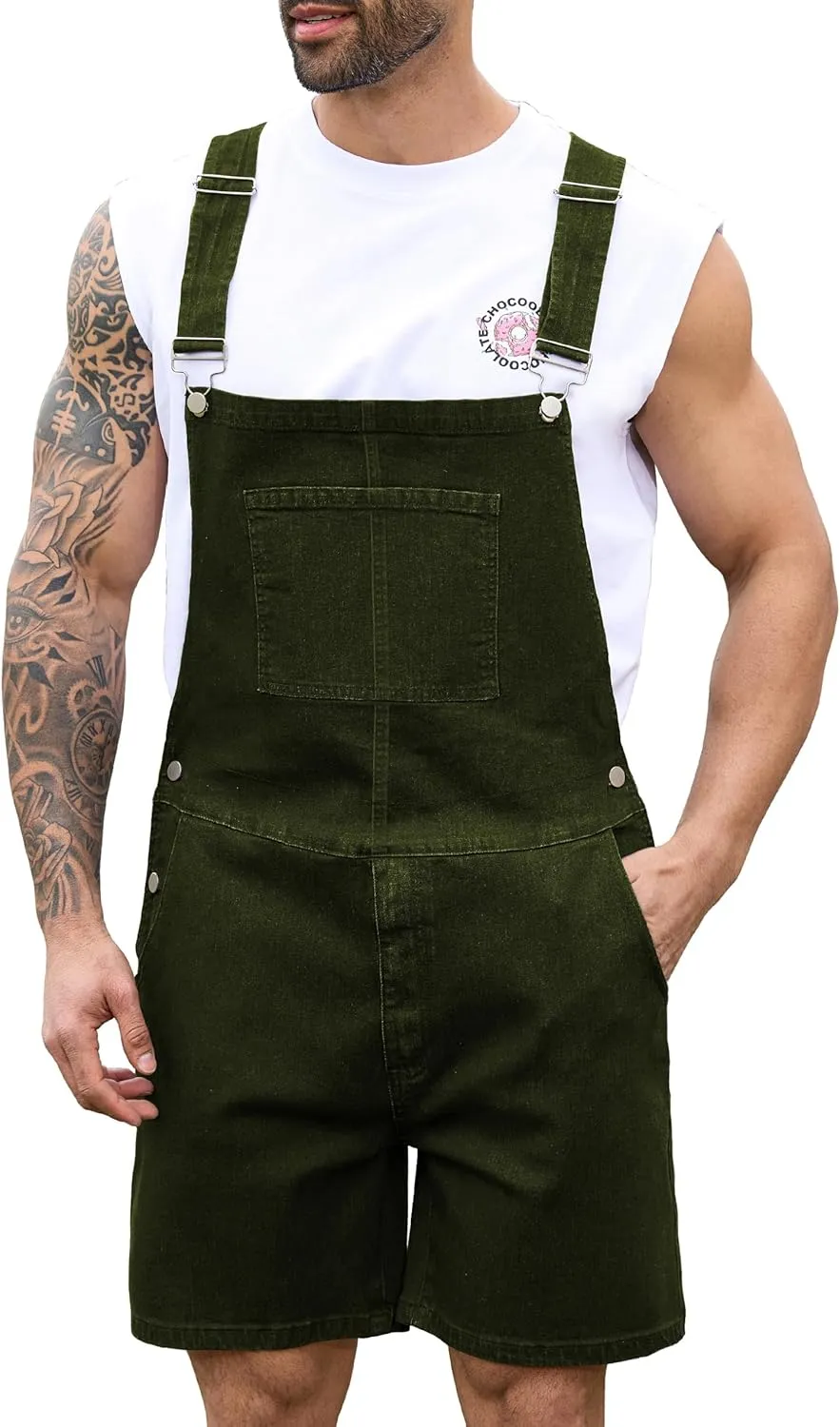 Bindefon Denim Overalls for Men Jean Shorts Jumpsuit Work Bibs Coveralls with Zipper