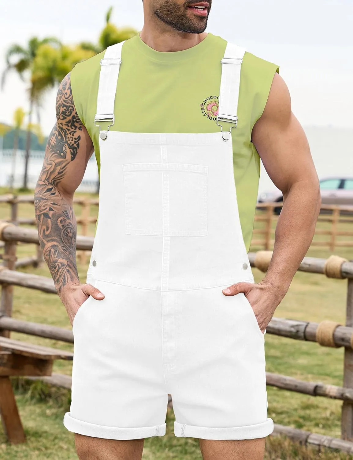Bindefon Denim Overalls for Men Jean Shorts Jumpsuit Work Bibs Coveralls with Zipper