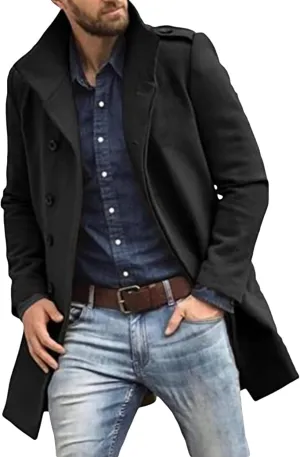 black trench coat Coat Lapel Collar Long Sleeve Padded Leather Jacket Vintage Thicken Coat men's wool jackets coats