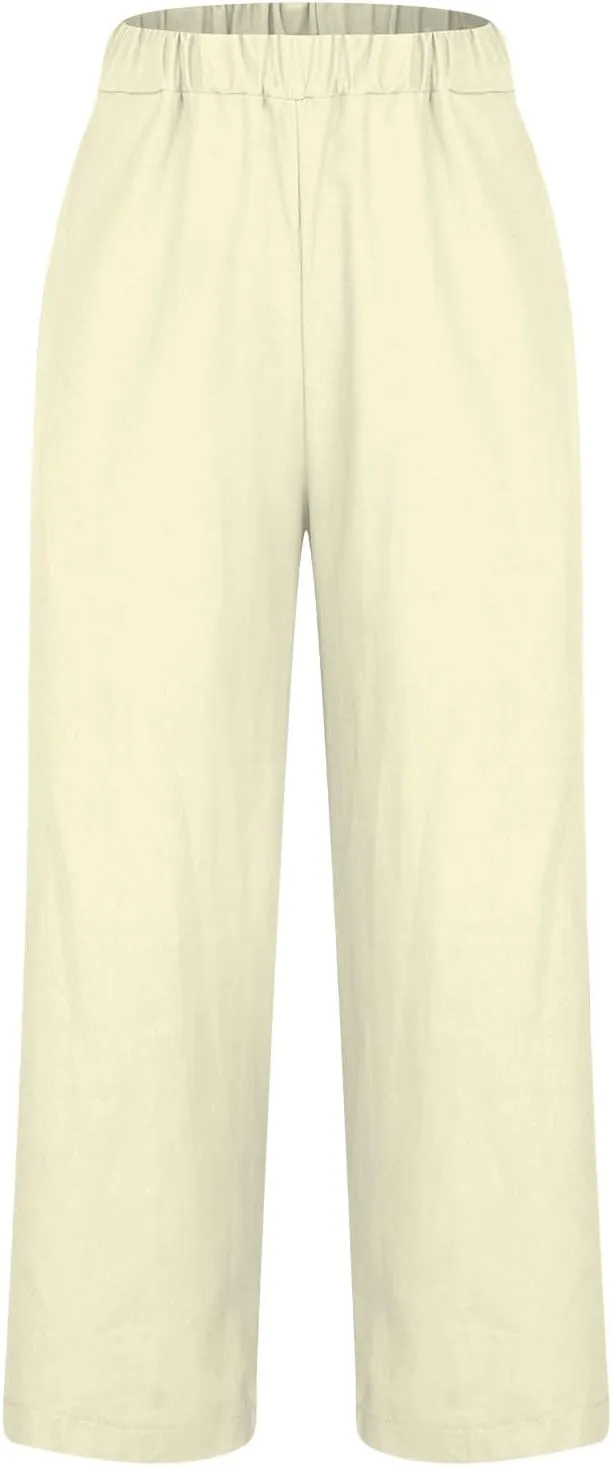 Boho Linen Pants for Women Solid Color Casual Cropped Capri Pants Summer Drawstring Straight Leg Trousers