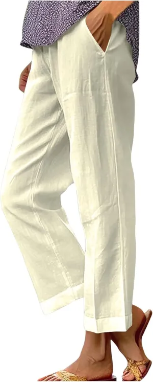 Boho Linen Pants for Women Solid Color Casual Cropped Capri Pants Summer Drawstring Straight Leg Trousers