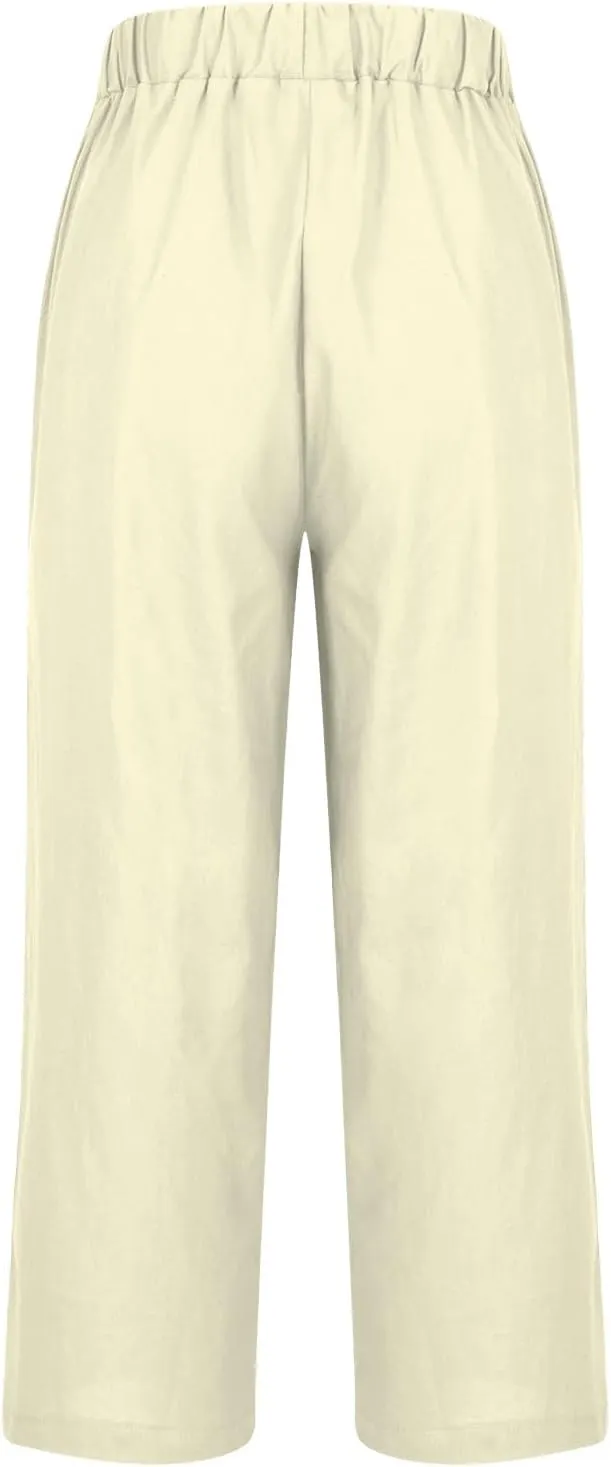 Boho Linen Pants for Women Solid Color Casual Cropped Capri Pants Summer Drawstring Straight Leg Trousers