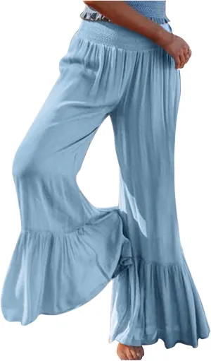 Boho Smocked High Waisted Pants for Women, Ruffle Hem Wide Leg Flowy Hippie Palazzo Pants Baggy Casual Beach Trousers