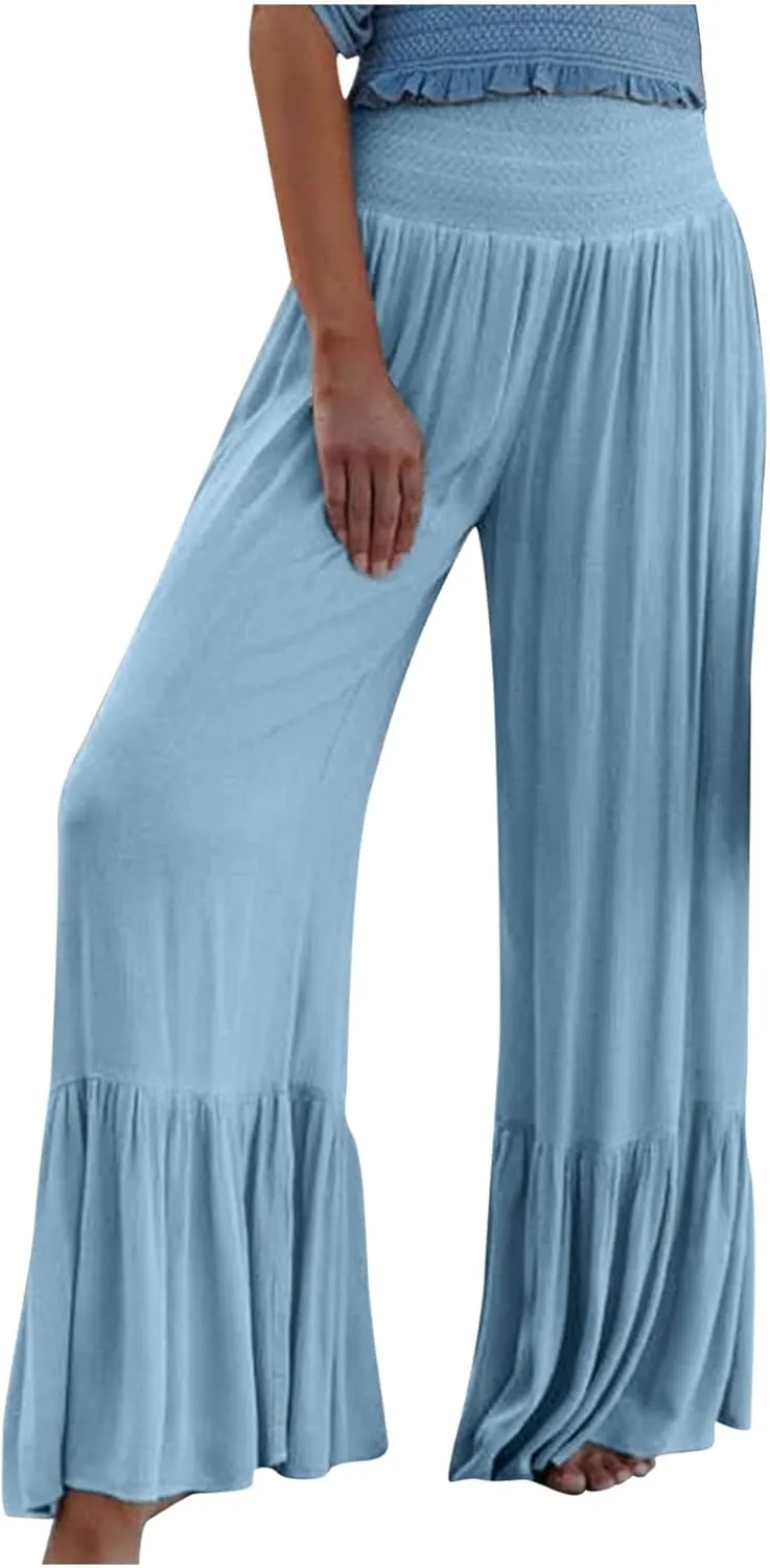 Boho Smocked High Waisted Pants for Women, Ruffle Hem Wide Leg Flowy Hippie Palazzo Pants Baggy Casual Beach Trousers