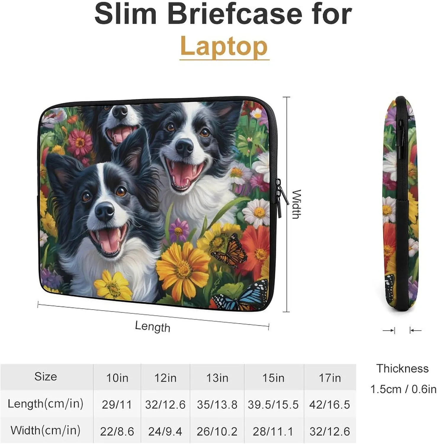 Border Collie Dog and Flowers Laptop Case Sleeve Bag 10inch Durable Shockproof Protective Computer Carrying Cover Briefcase