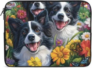 Border Collie Dog and Flowers Laptop Case Sleeve Bag 10inch Durable Shockproof Protective Computer Carrying Cover Briefcase