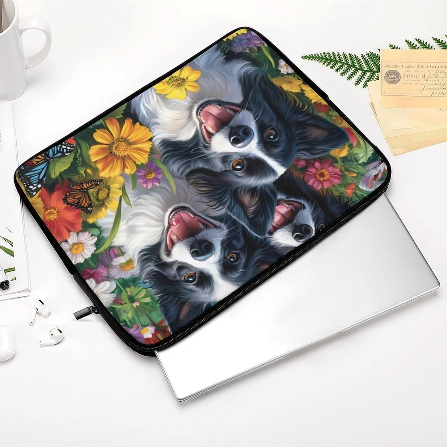 Border Collie Dog and Flowers Laptop Case Sleeve Bag 10inch Durable Shockproof Protective Computer Carrying Cover Briefcase