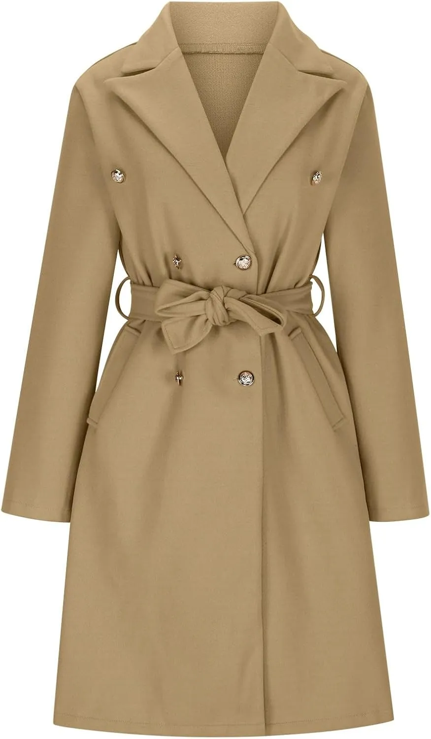 Borniu Women's Notch Lapel Double Breasted Wool Blend Long Pea Coat Trench Coat Winter Open Front Cardigan Jacket with Belt