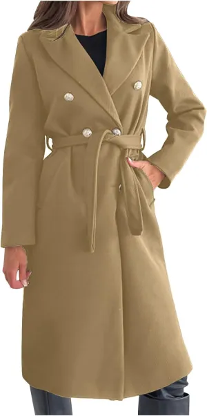 Borniu Women's Notch Lapel Double Breasted Wool Blend Long Pea Coat Trench Coat Winter Open Front Cardigan Jacket with Belt