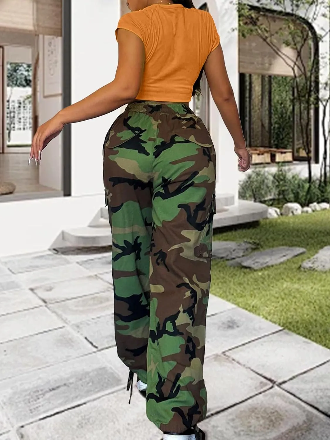 Camo Cargo Pants for Women,Womens Drawstring Elastic Waist Cargo Pants with Pocket,Baggy Camouflage Pants for Women