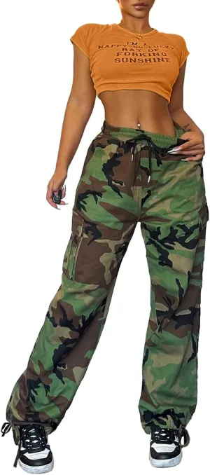 Camo Cargo Pants for Women,Womens Drawstring Elastic Waist Cargo Pants with Pocket,Baggy Camouflage Pants for Women