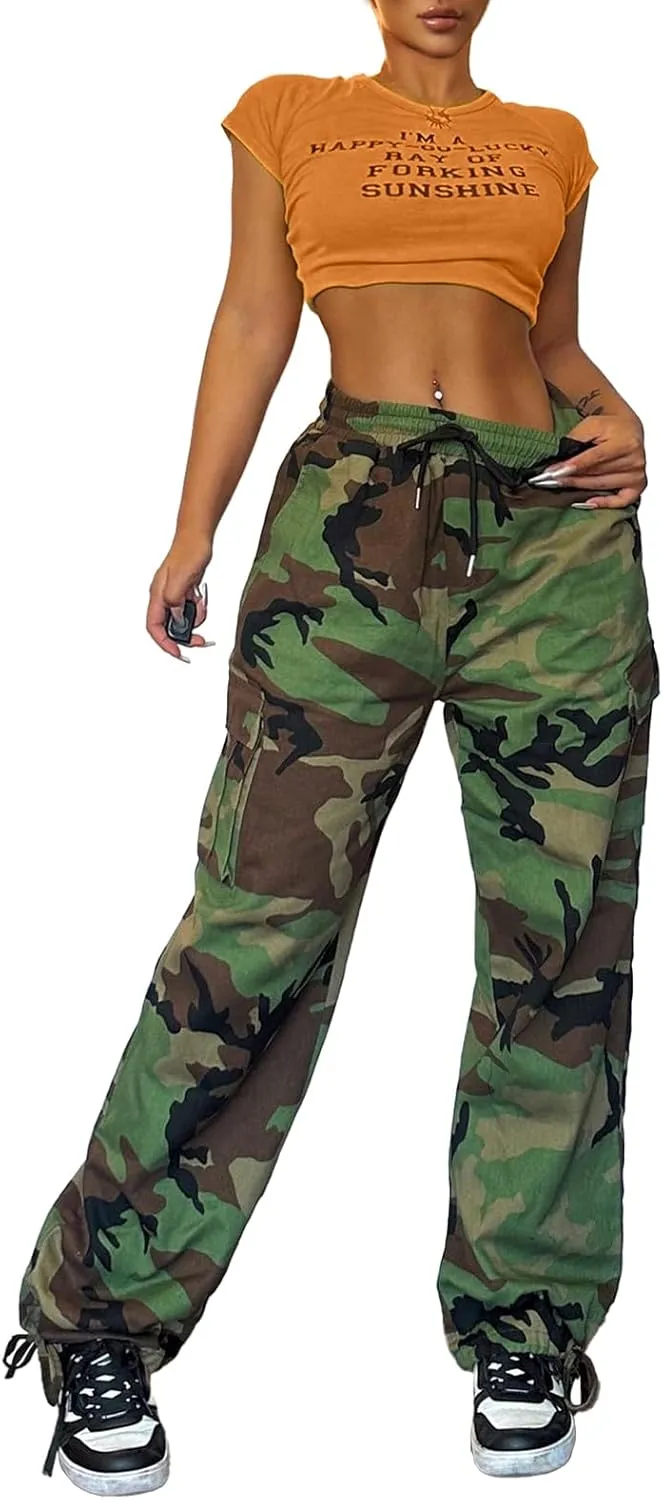 Camo Cargo Pants for Women,Womens Drawstring Elastic Waist Cargo Pants with Pocket,Baggy Camouflage Pants for Women