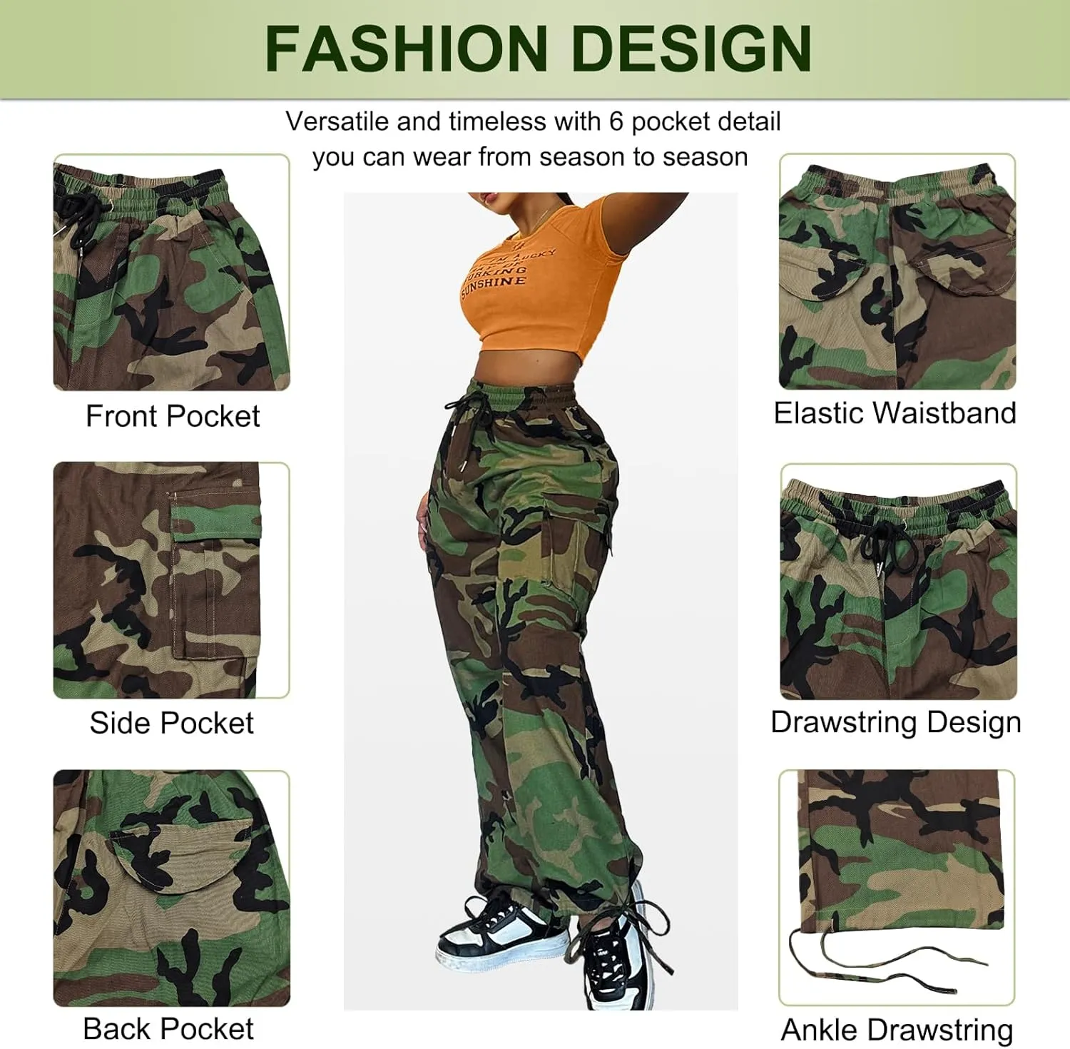Camo Cargo Pants for Women,Womens Drawstring Elastic Waist Cargo Pants with Pocket,Baggy Camouflage Pants for Women